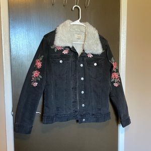 Pacsun embroidered floral fuzzy bomber jacket
